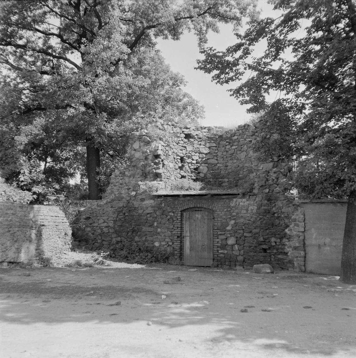 Pozostałości obwarowań miejskich. Fragment murów miejskich od strony dziedzińca. Zrujnowana baszta bramna. , skan 1