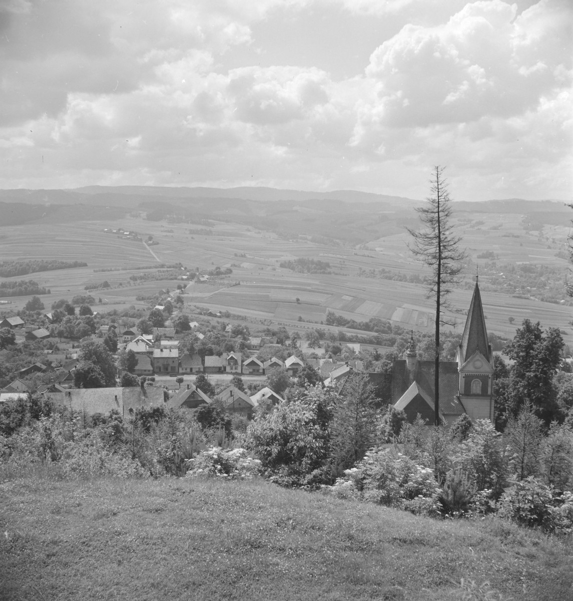 panorama wsi z kościołem pw. Narodzenia Świętego Jana Chrzciciela - fragment, skan 1