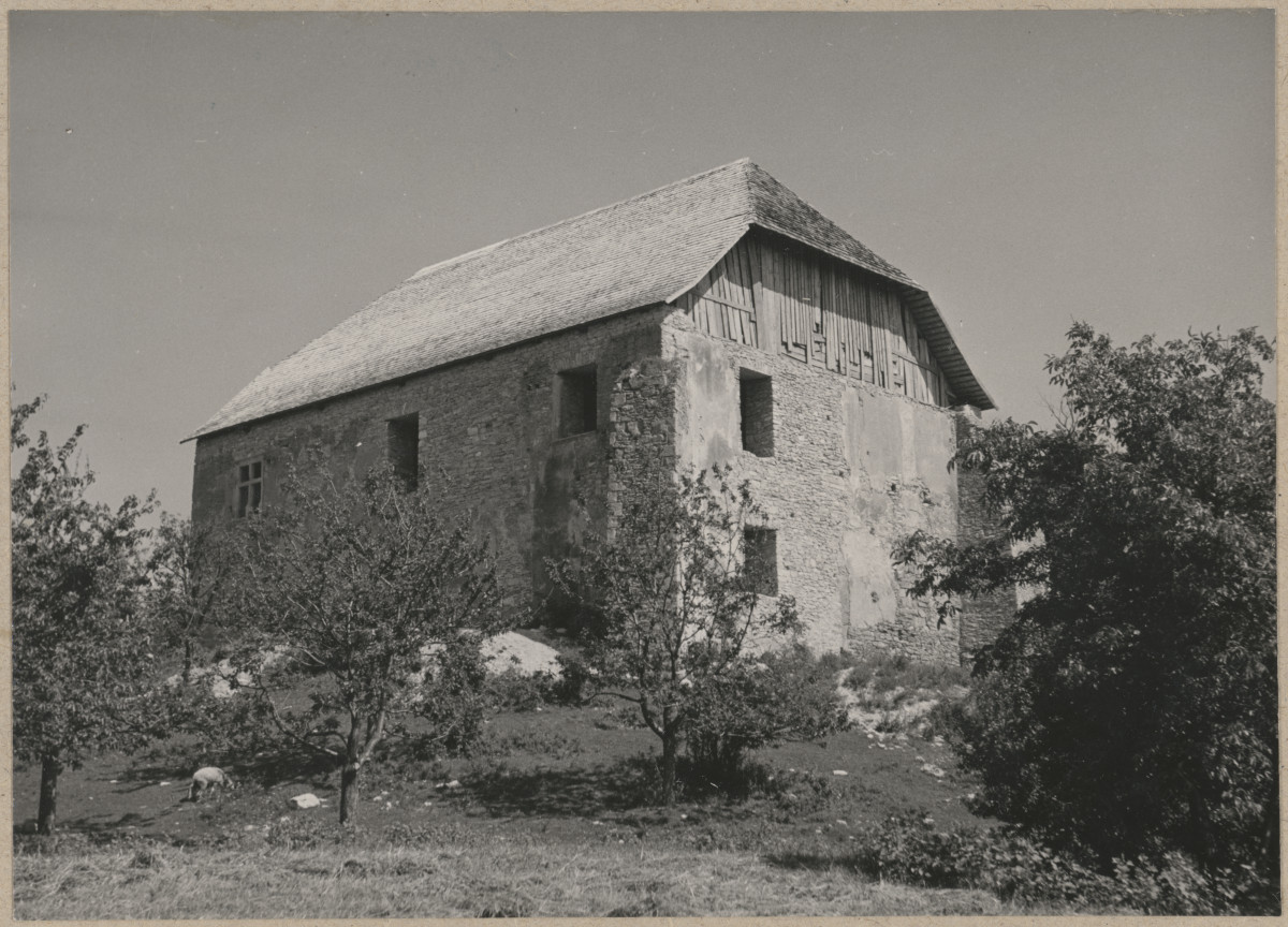 Dwór - widok ogólny ruin od strony płd.-zach. po zadaszeniu, skan 1