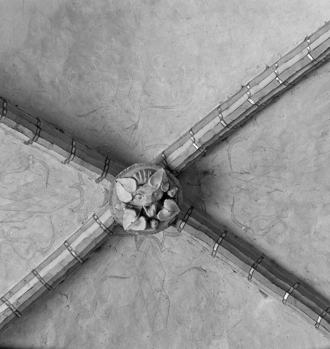 Kościół Wniebowzięcia Najświętszej Maryi Panny - wnętrze. Zwornik z wizerunkiem kota. Sklepienie nawy., skan 1