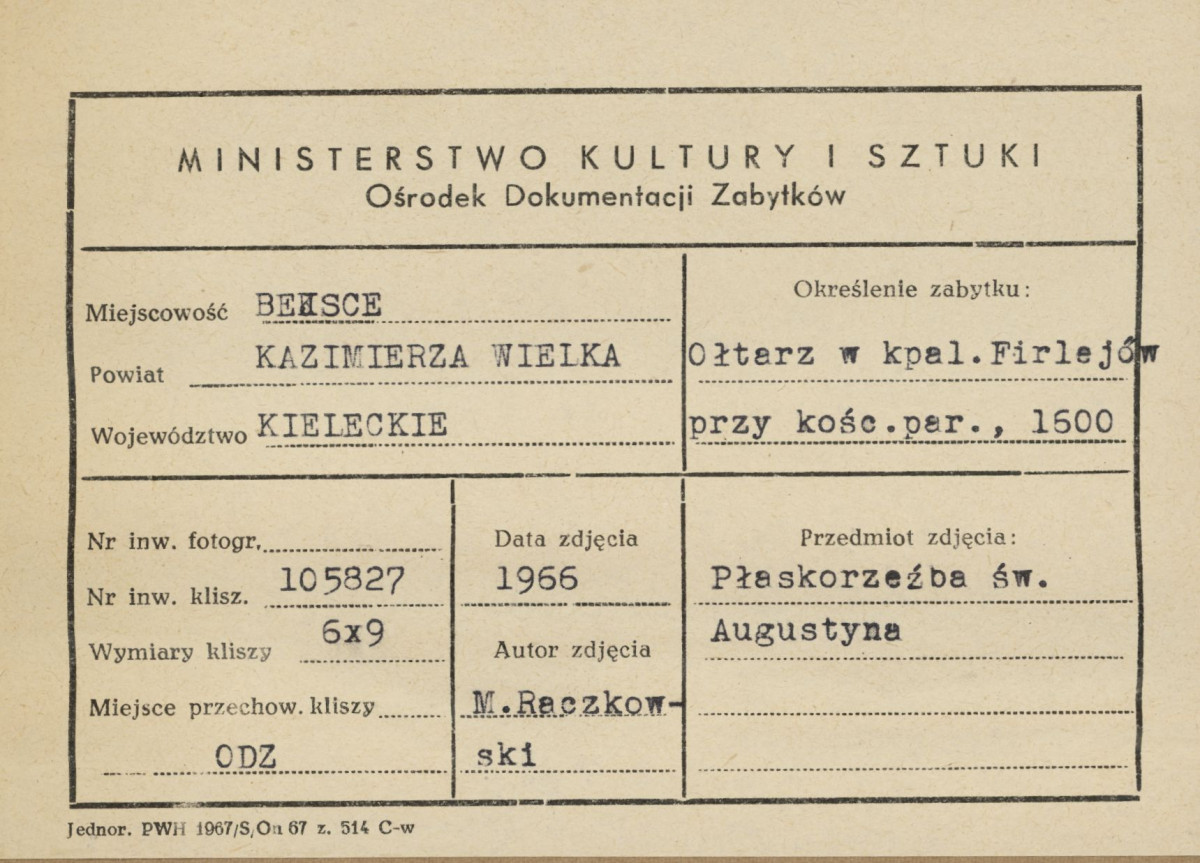 Kaplica Firlejów - ołtarz - płaskorzeźba św. Augustyna - metryczka, skan 1