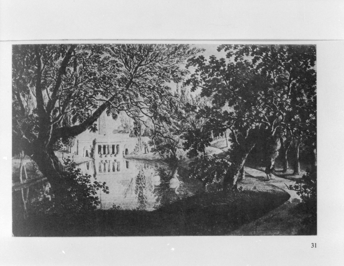 Łazienki Królewskie. Świątynia egipska. (rys. J. C. Rahm 1834)
Reprodukcja M. Kwiatkowski "Łazienki - Belweder" 1986., skan 1