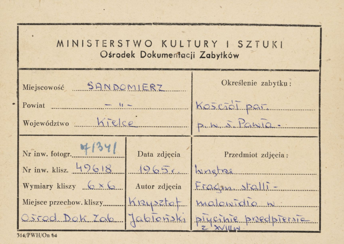 Kościół parafialny pw. św. Pawła - wnętrze, fragment stali, obraz na płycinie przedpiersia - metryczka, skan 1