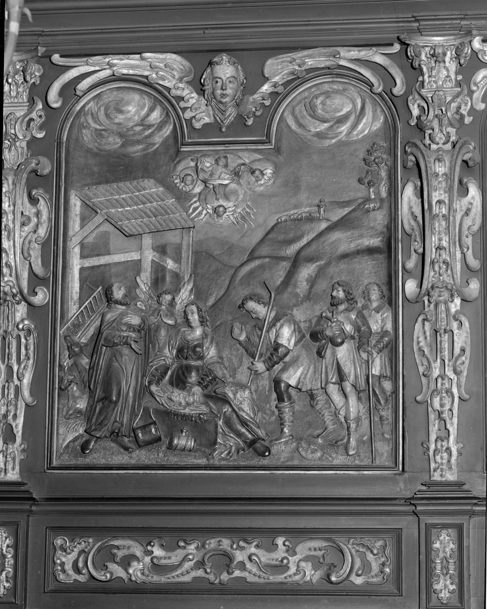 Kościół Mariacki pw. Wniebowzięcia Najświętszej Marii Panny - prezbiterium - stalle (fragment) - "Pokłon pasterzy", skan 1