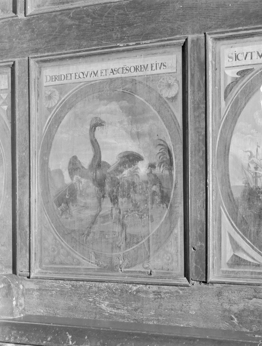 Bazylika katedralna Wniebowzięcia NMP - wnętrze: malowidło na odwrocie stalli w prezbiterium "Dzikie zwierzęta", skan 1