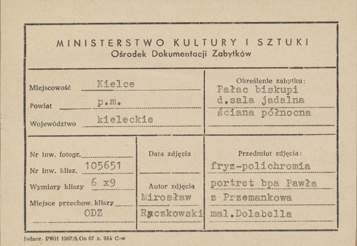 Pałac biskupów - wnętrze, d. sala jadalna, ściana północna, fryz - polichromia, portret bpa Pawła z Przemankowa - metryczka, skan 1