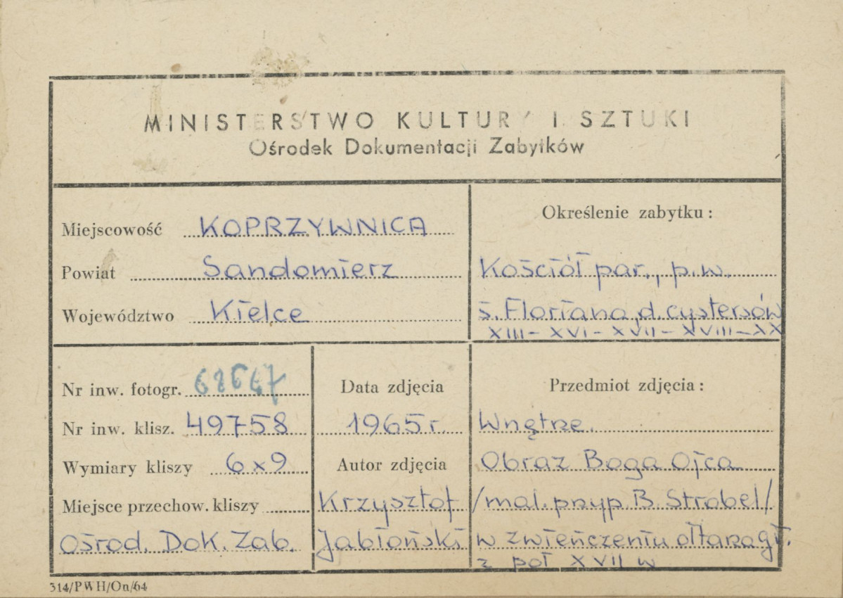 Zespół klasztorny - kościół, wnętrze , obraz Boga Ojca w zwieńczeniu ołtarza głównego - metryczka, skan 1
