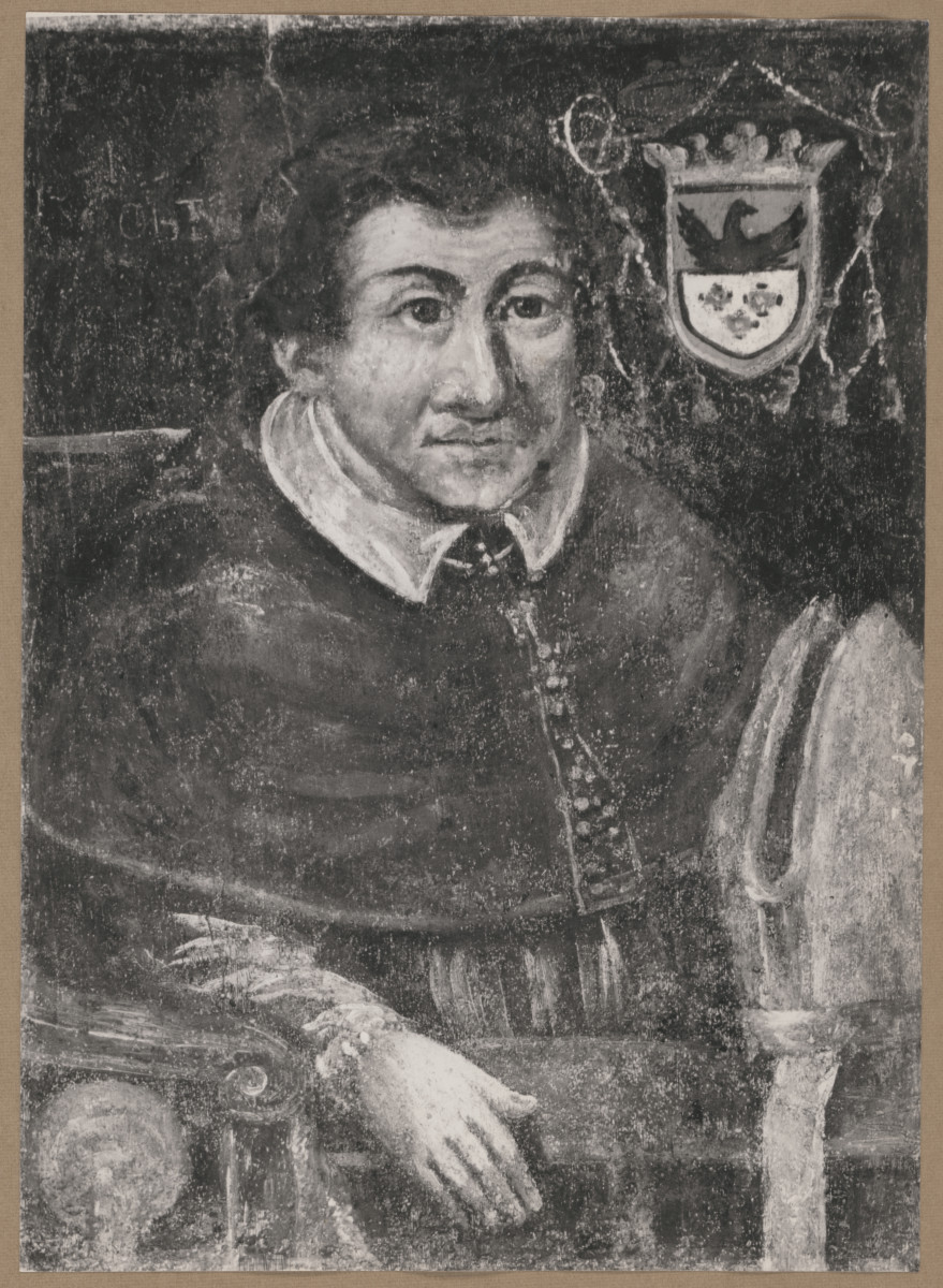 Pałac biskupów - wnętrze, d. sala jadalna, ściana południowa, fryz - polichromia, portret bpa Piotra Gamrata, skan 1