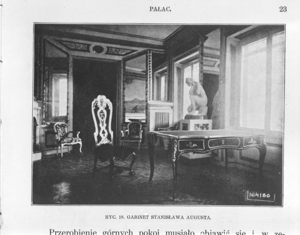 Łazienki Królewskie. Pałac na wodzie - gabinet. ( ok 1925)
Reprodukcja z W. Tatarkiewicz "Pięć studiów o Łazienkach St. Augusta" 1925, skan 1