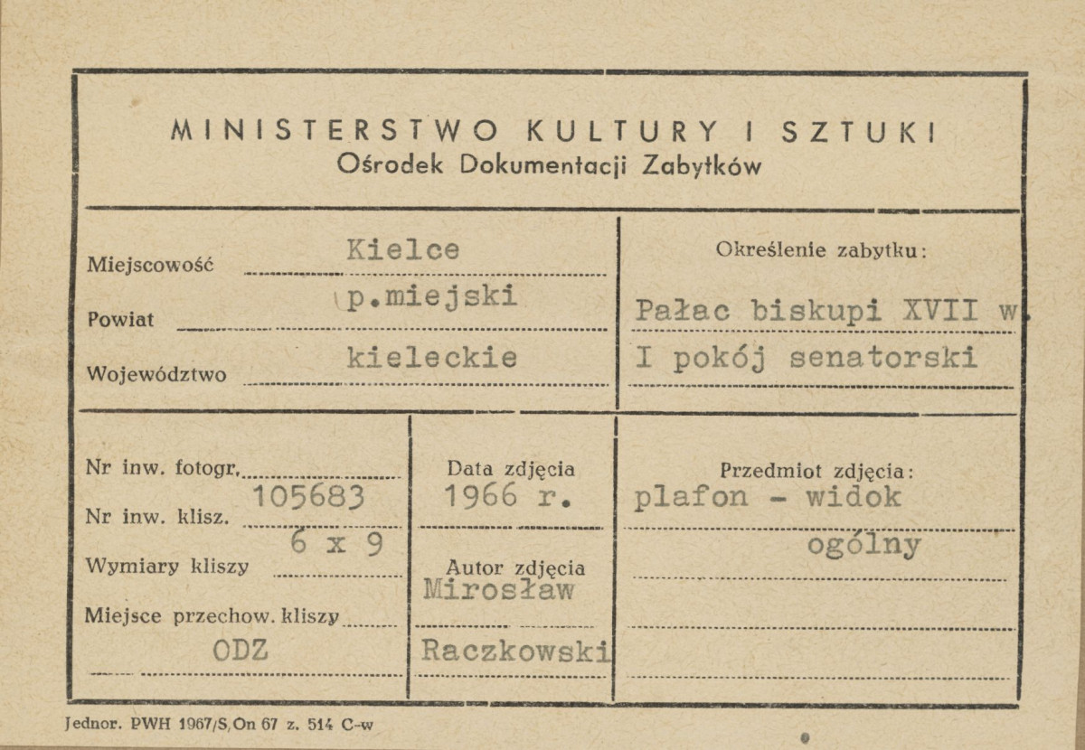 Pałac biskupów - wnętrze , I pokój senatorski , plafon, widok ogólny - metryczka, skan 1