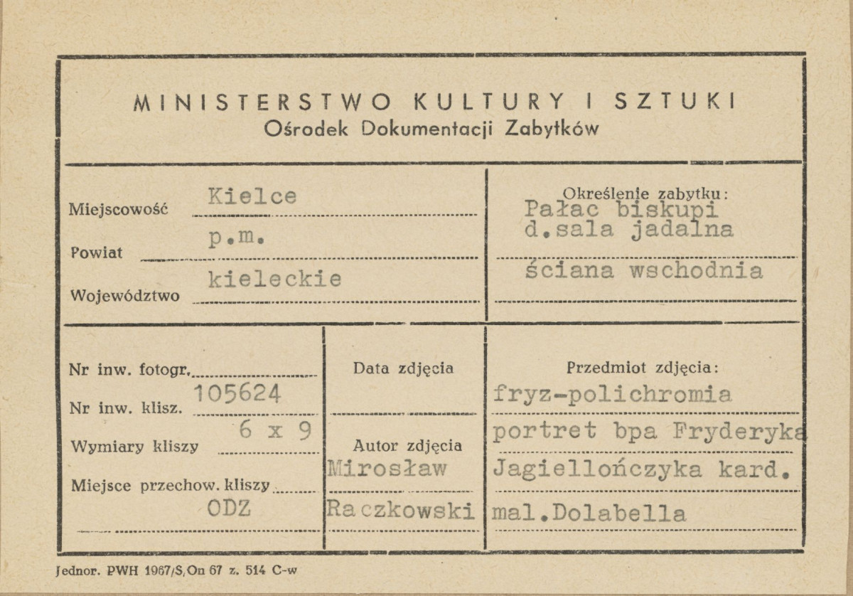 Pałac biskupów - wnętrze, d. sala jadalna, ściana wschodnia, fryz - polichromia, portret bpa Fryderyka Jagiellończyka kard., malował Dolabella, - metryczka, skan 1