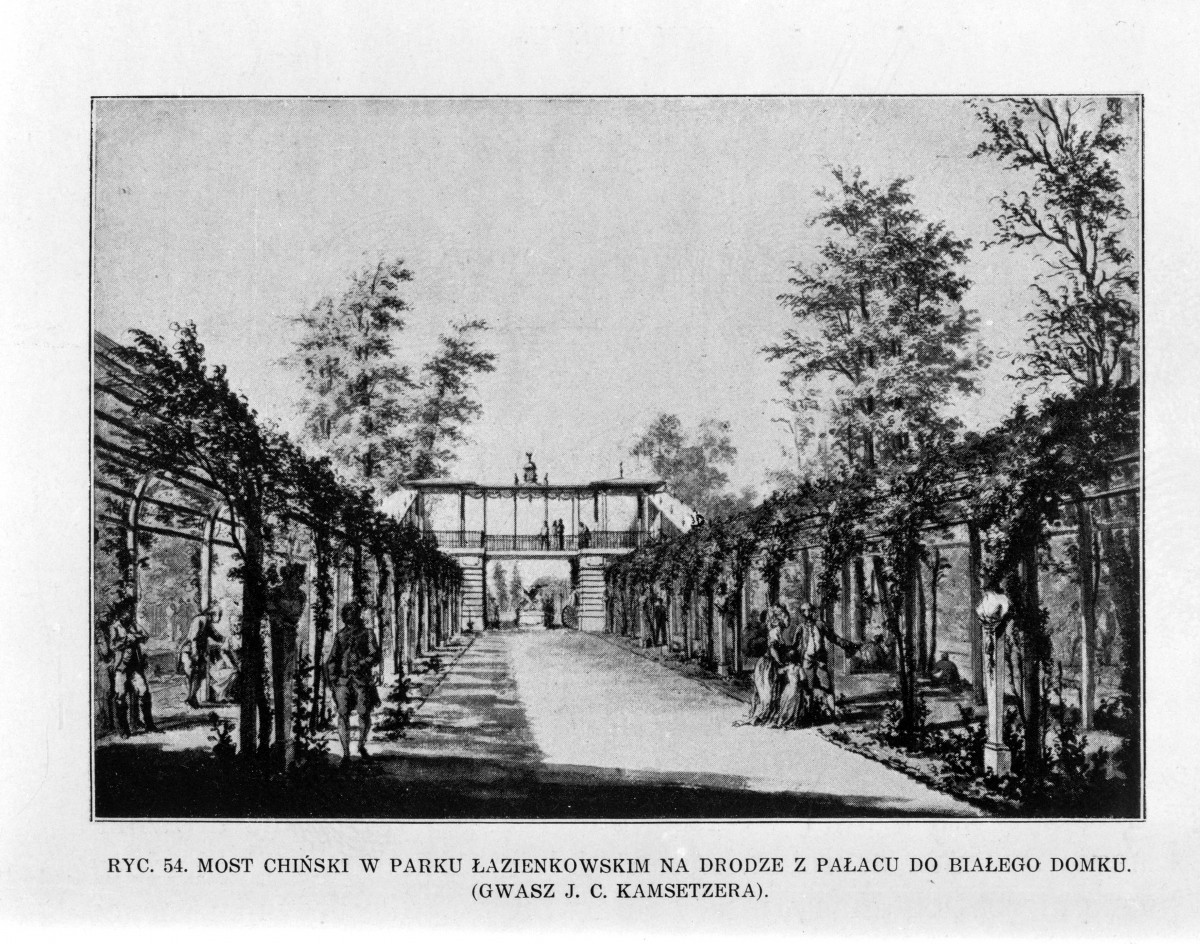 Most Chiński i promenada Królewska z pałacu do Białego Domku. (gwasz J. C. Kamsetzera)
Reprodukcja z W. Tatarkiewicz "Pięć studiów o Łazienkach St. Augusta" 1925, skan 1