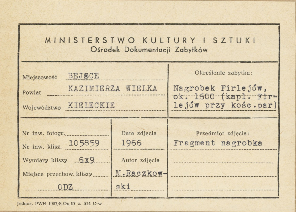 Kaplica Firlejów - nagrobek Firlejów - fragment - metryczka, skan 1