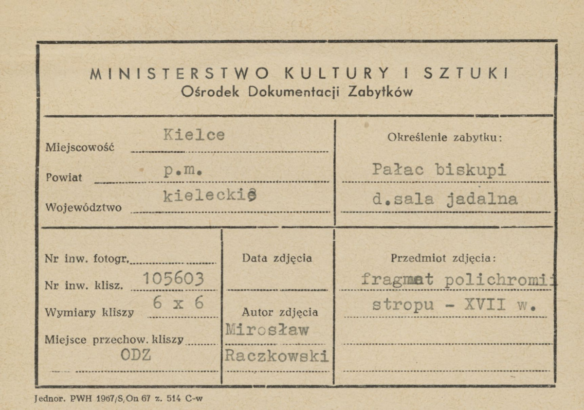 Pałac biskupów - wnętrze, d. sala jadalna, fragment polichromii stropu - metryczka, skan 1
