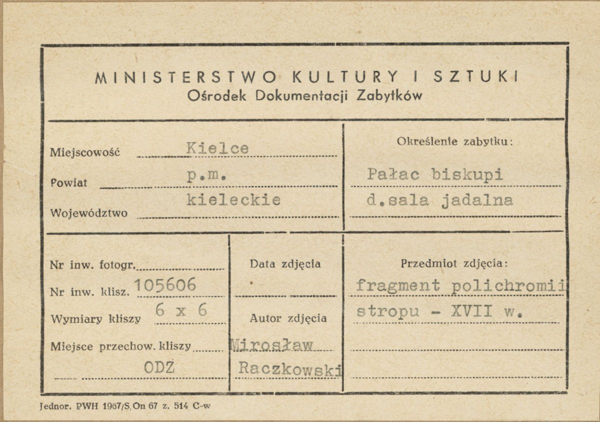 Pałac biskupów - wnętrze, d. sala jadalna, fragment polichromii stropu - metryczka, skan 1