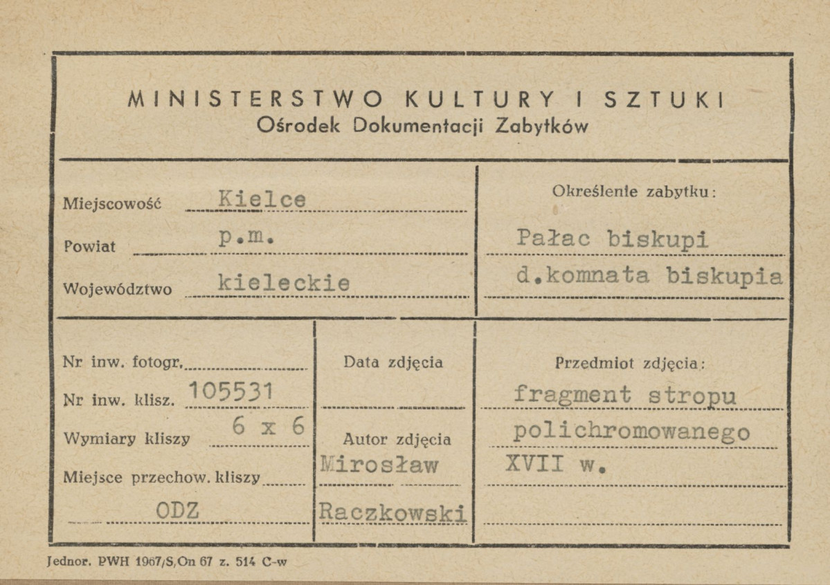 Pałac biskupów - wnętrze, d. komnata biskupia, fragment polichromii stropu - metryczka, skan 1