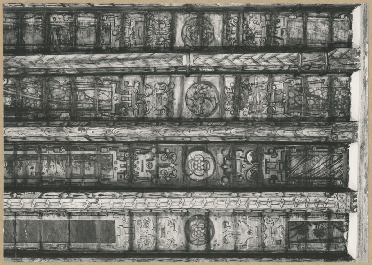 Pałac biskupów - wnętrze, d. sala jadalna, fragment polichromii stropu , skan 1