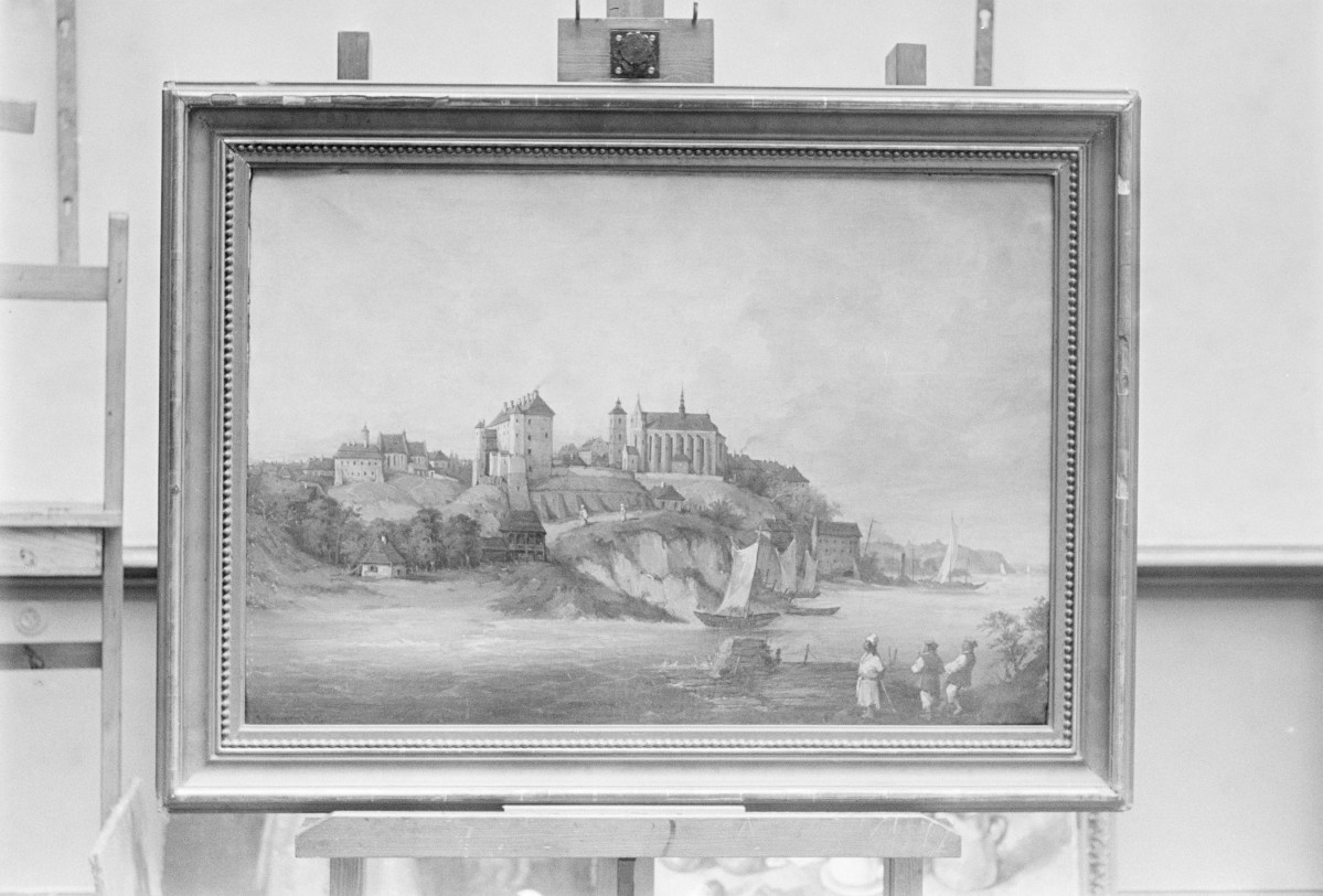 Józef Szermentowski - Sandomierz nad Wisłą, olej na płótnie, Muzeum Świętokrzyskie w Kielcach (ob. Muzeum Narodowe w Kielcach), skan 1