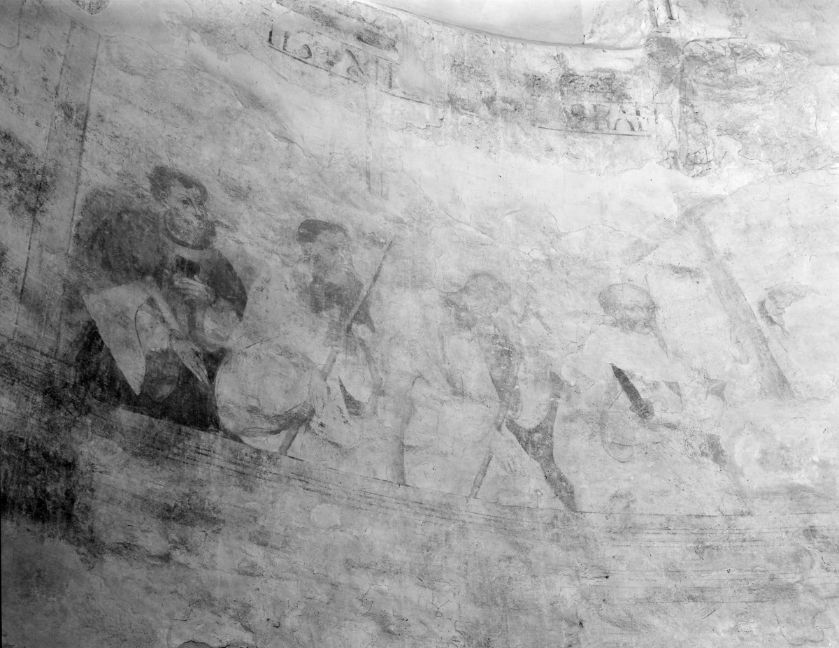 Bazylika N.M.P - wnętrze. Południowa kaplica świątyni i freski na ścianach. Fragment polichromii ze sceną z apostołami., skan 1