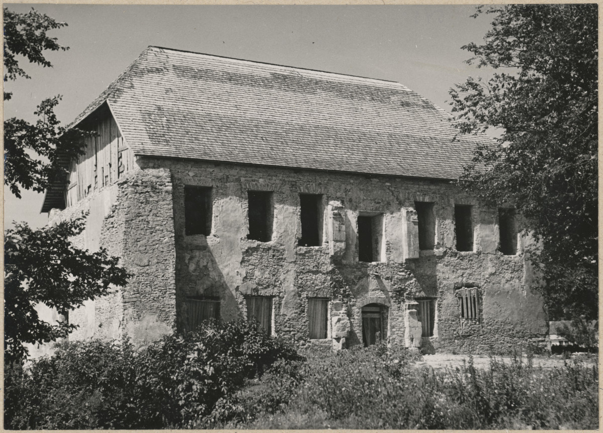 Dwór - widok ogólny ruin od strony płd.-wsch. po zadaszeniu, skan 1