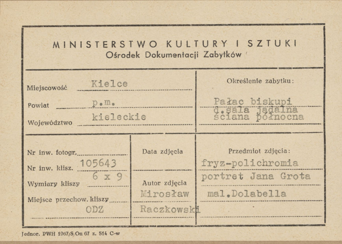 Pałac biskupów - wnętrze, d. sala jadalna, ściana północna, fryz - polichromia, portret Jana Grota - metryczka, skan 1