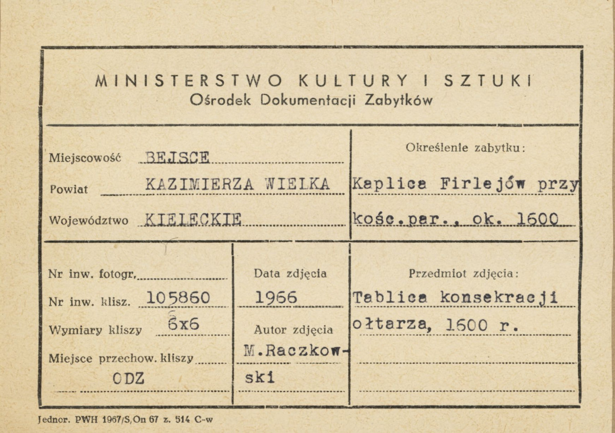 Kaplica Firlejów - tablica konsekracji ołtarza - metryczka, skan 1