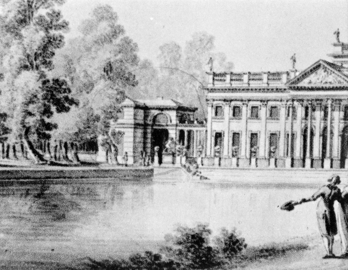 Pałac na wodzie od strony północnej (1800). Park Łazienkowski. Akwarela Z. Vogla.  
Reprodukcja z M. Kwiatkowski "Łazienki - Belweder" 1986 rok. strona 20., skan 1
