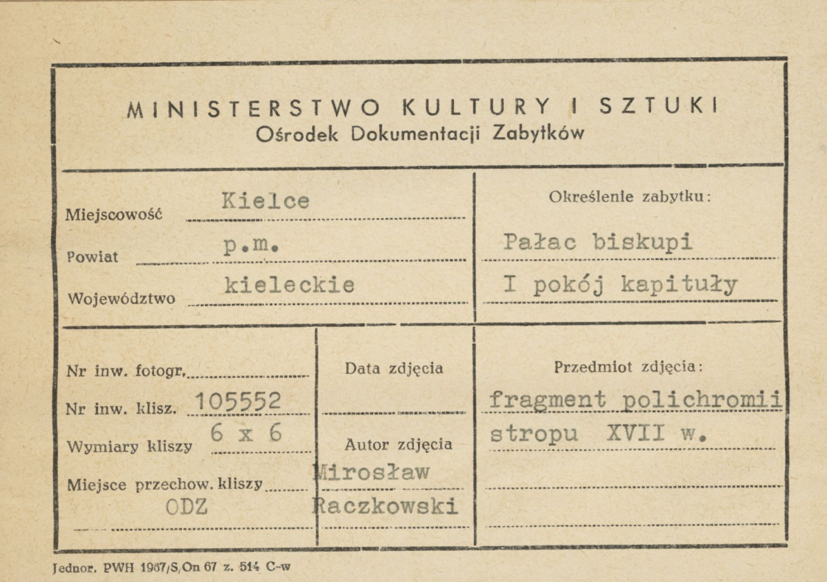 Pałac biskupów - wnętrze , I pokój kapituły,  fragment polichromii stropu - metryczka, skan 1