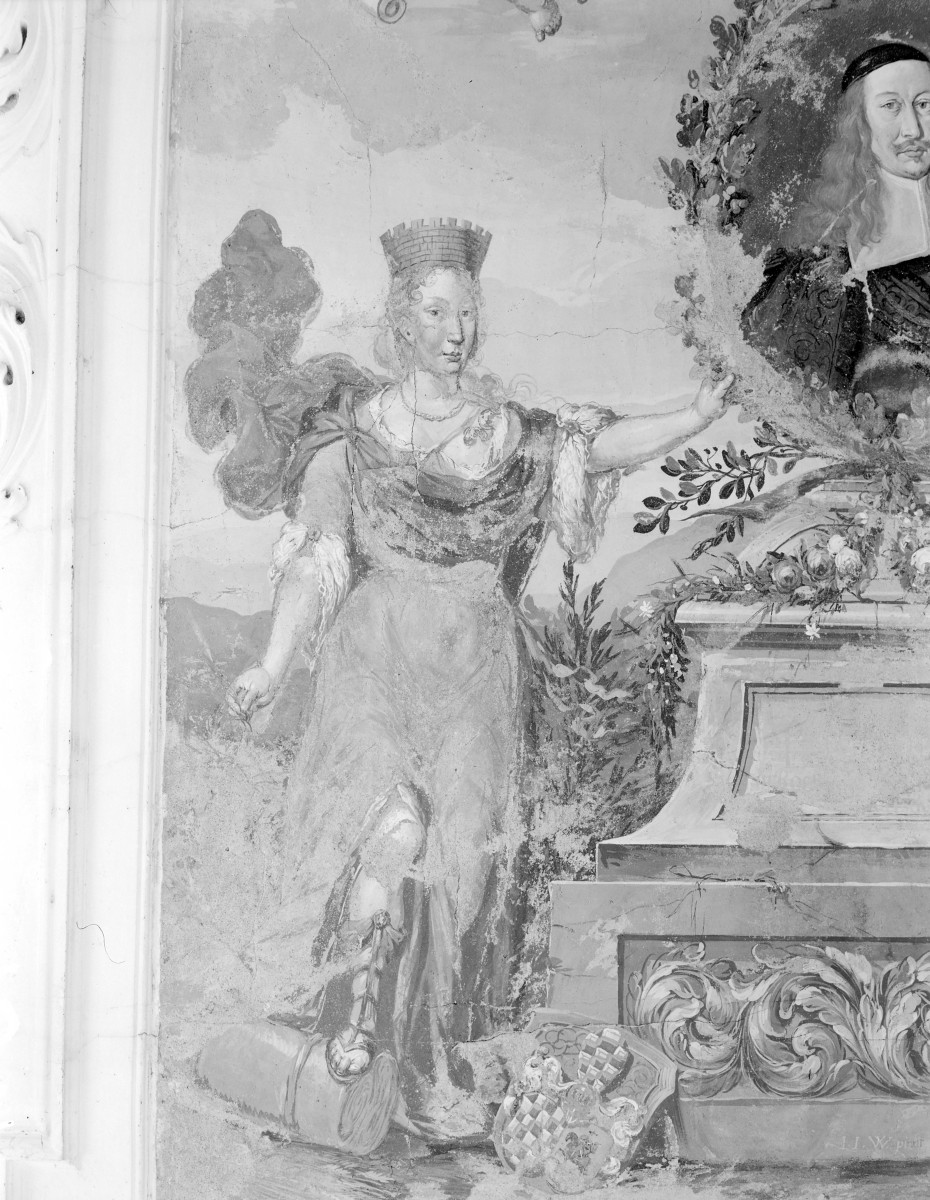 pałac - wnętrze: fragment polichromii plafonu sali (balowej) antenatów, skan 1