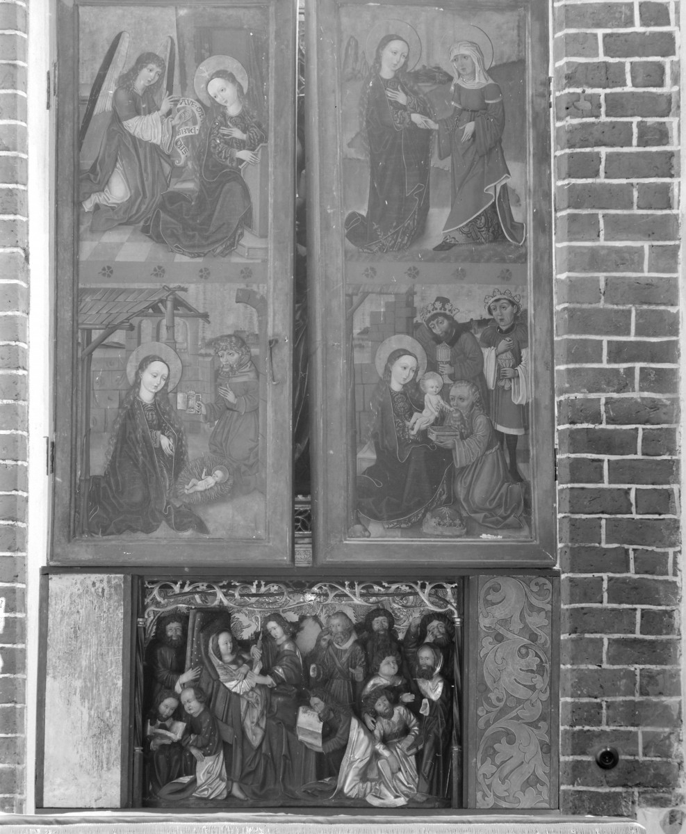 Kościół Najświętszej Marii Panny - wnętrze: Pentaptyk matki Boskiej z Dzieciątkiem, św. Jana Chrzciciela i św. Jerzego. Tryptyk zamkniety., skan 1