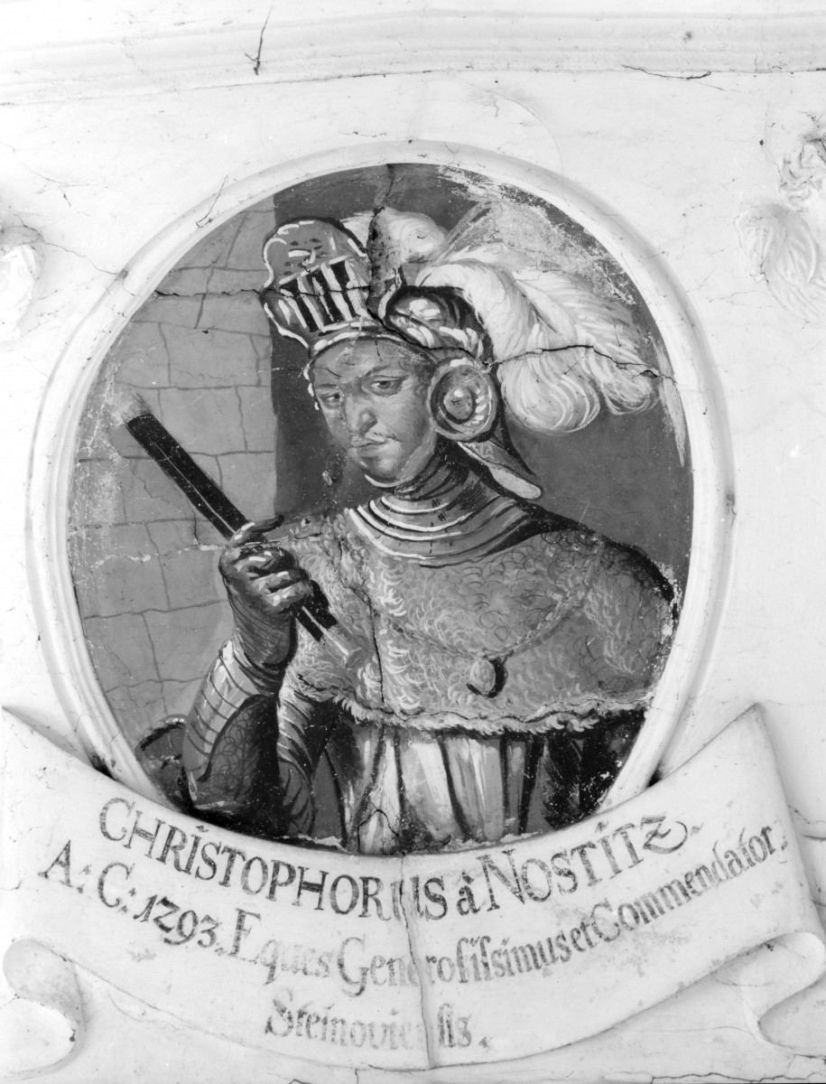 pałac - wnętrze: portret Krzysztofa Nostitza w fasecie sali balowej, skan 1