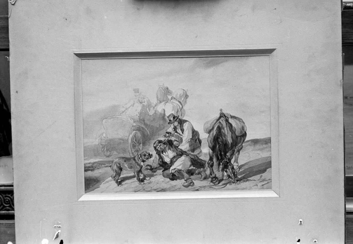 Muzeum Śląskie we Wrocławiu, Michałowski Piotr "Upadek chłopa z konia", akwarela 230x320 mm, skan 1