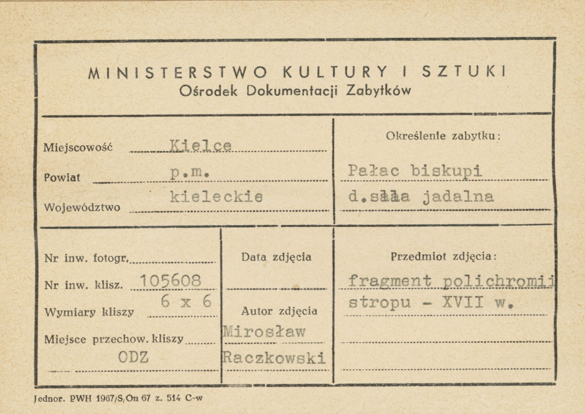 Pałac biskupów - wnętrze, d. sala jadalna, fragment polichromii stropu - metryczka, skan 1