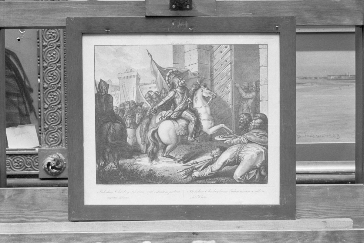 Franciszek Smuglewicz - Bolesław Chrobry bierze Kijów cięciem szabli w Złote Wrota, rycina z albumu Wileńskiego, Muzeum Wielkopolskie w Poznaniu (ob. Muzeum Narodowe w Poznaniu), skan 1