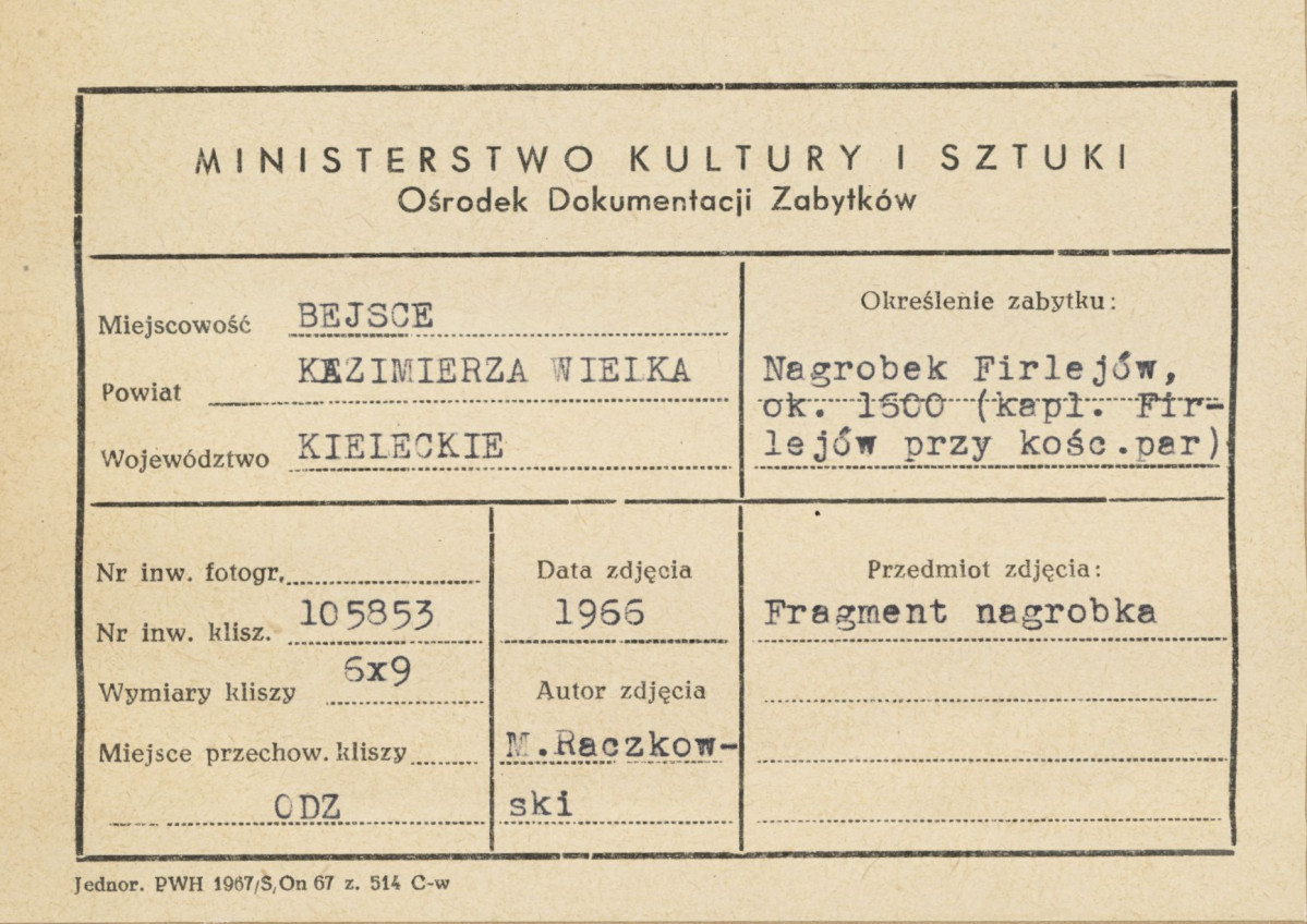 Kaplica Firlejów - nagrobek Firlejów - fragment- fantastyczny stwór - metryczka, skan 1