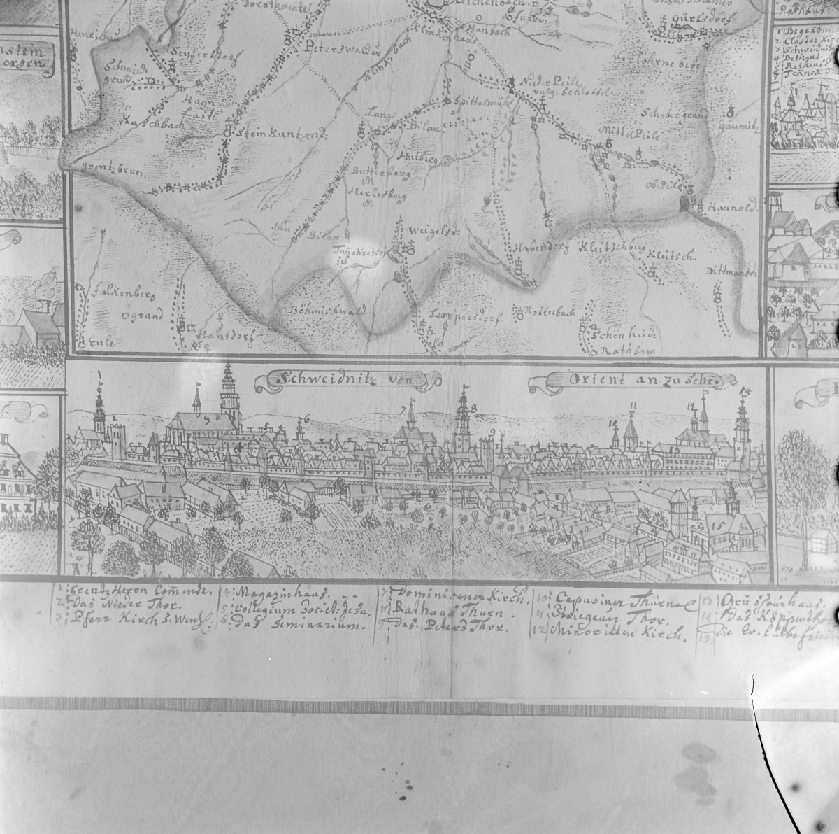 Panorama miasta. Rycina z "Topografii Śląska" autorstwa Friedricha Bernharda Wernera. , skan 1