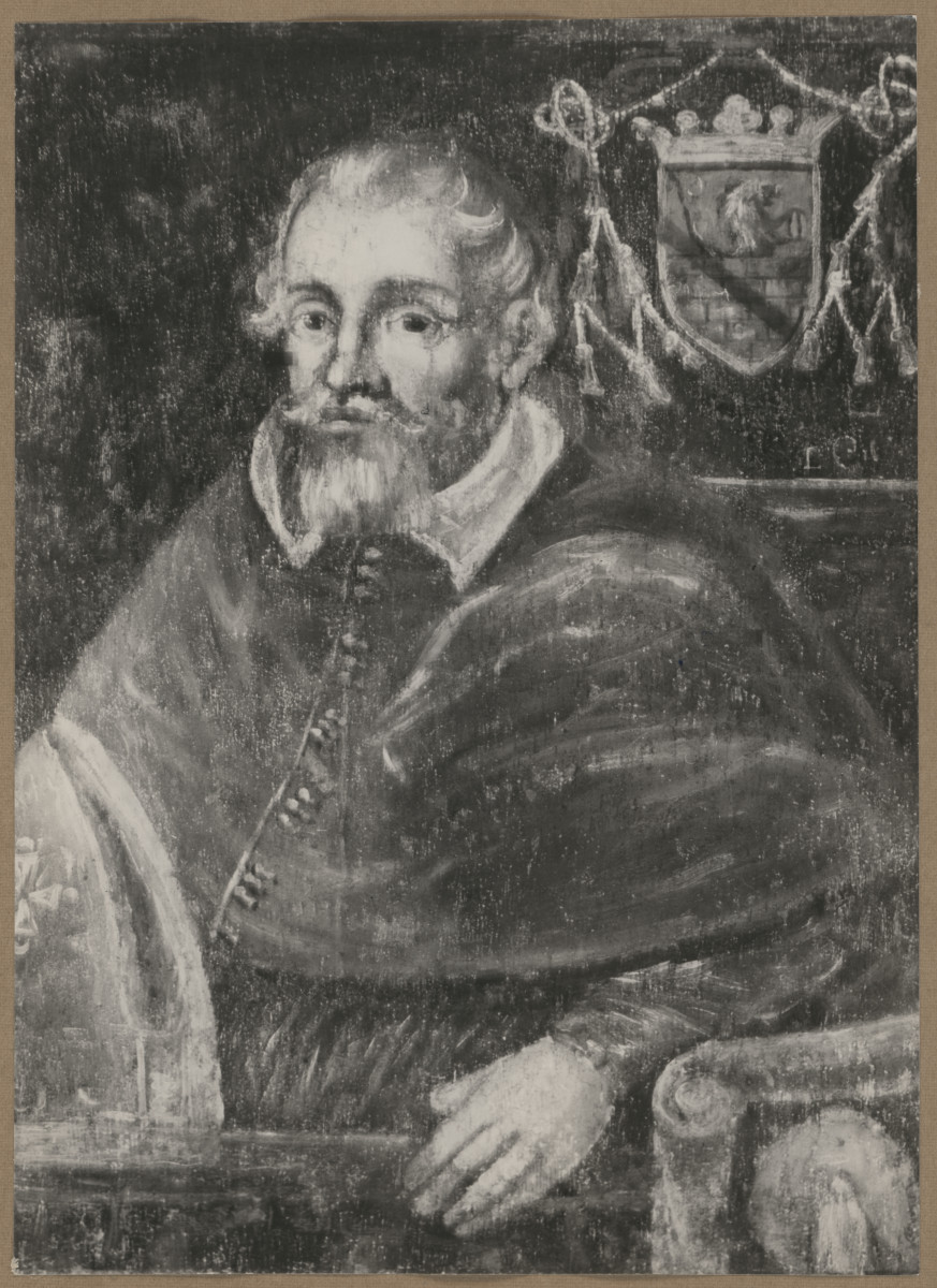 Pałac biskupów - wnętrze, d. sala jadalna, ściana wschodnia, fryz - polichromia, portret bpa Jana Latalskiego, malował Dolabella, , skan 1