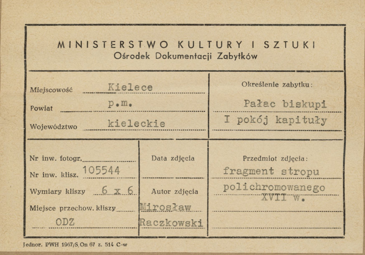 Pałac biskupów - wnętrze , I pokój kapituły,  fragment polichromii stropu - metryczka, skan 1