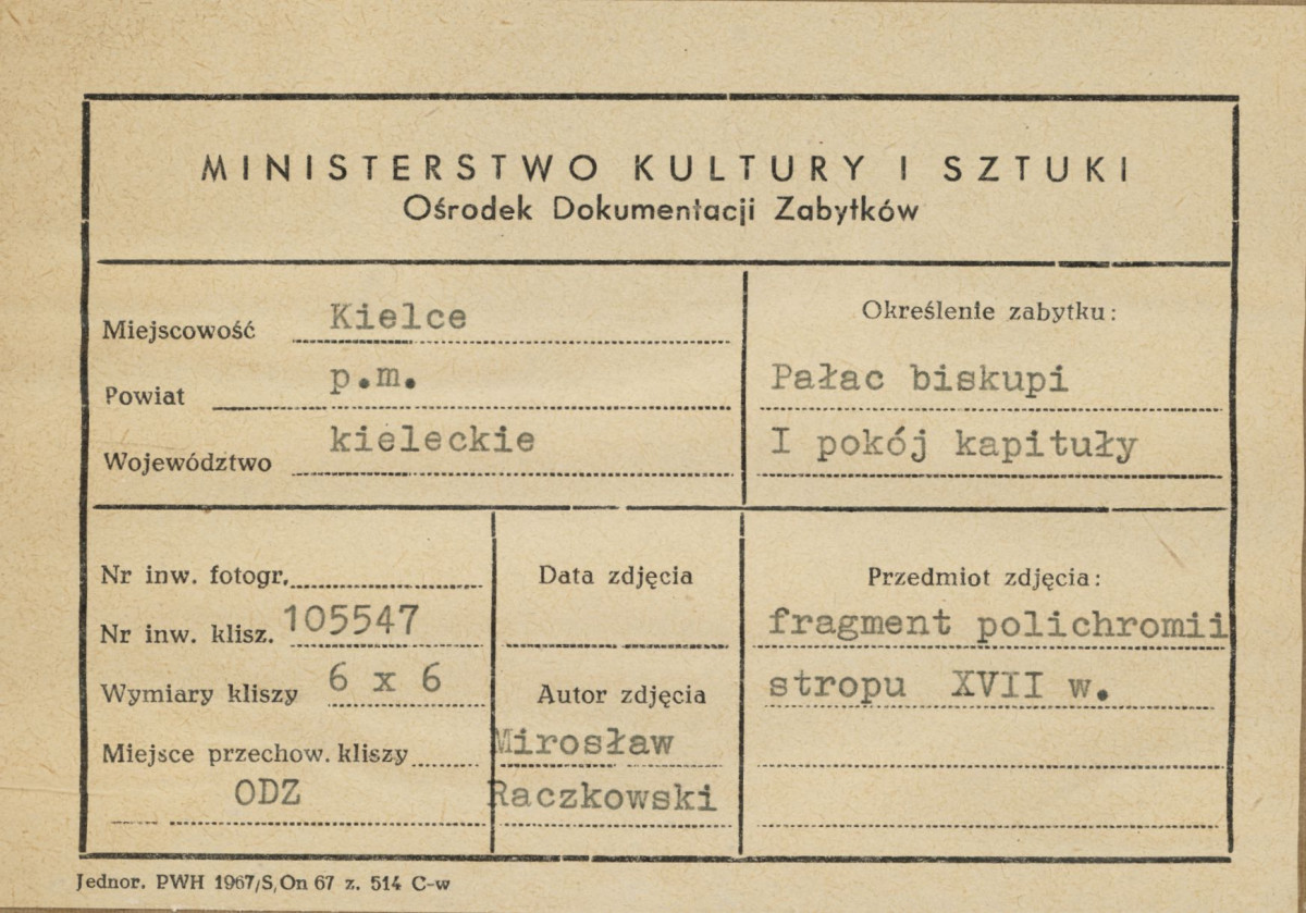 Pałac biskupów - wnętrze , I pokój kapituły,  fragment polichromii stropu - metryczka, skan 1