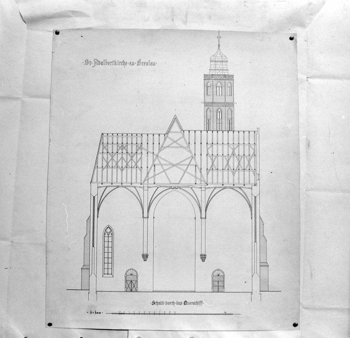 Kościół św. Wojciecha - rysunek techniczny przekroju transept., skan 1
