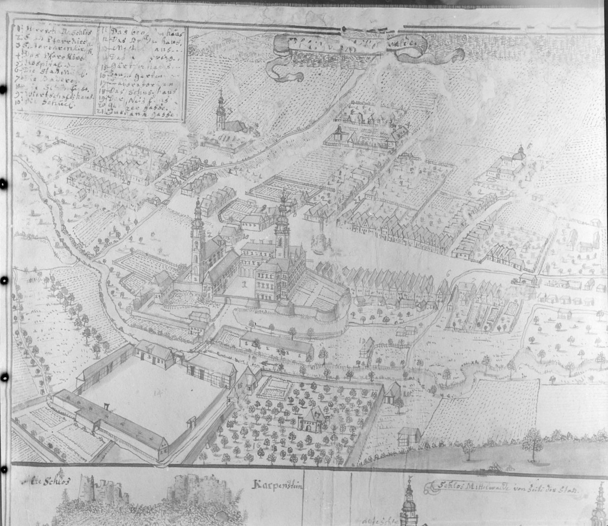 Panorama miasta. Rycina z "Topografii Śląska" autorstwa Friedricha Bernharda Wernera. , skan 1