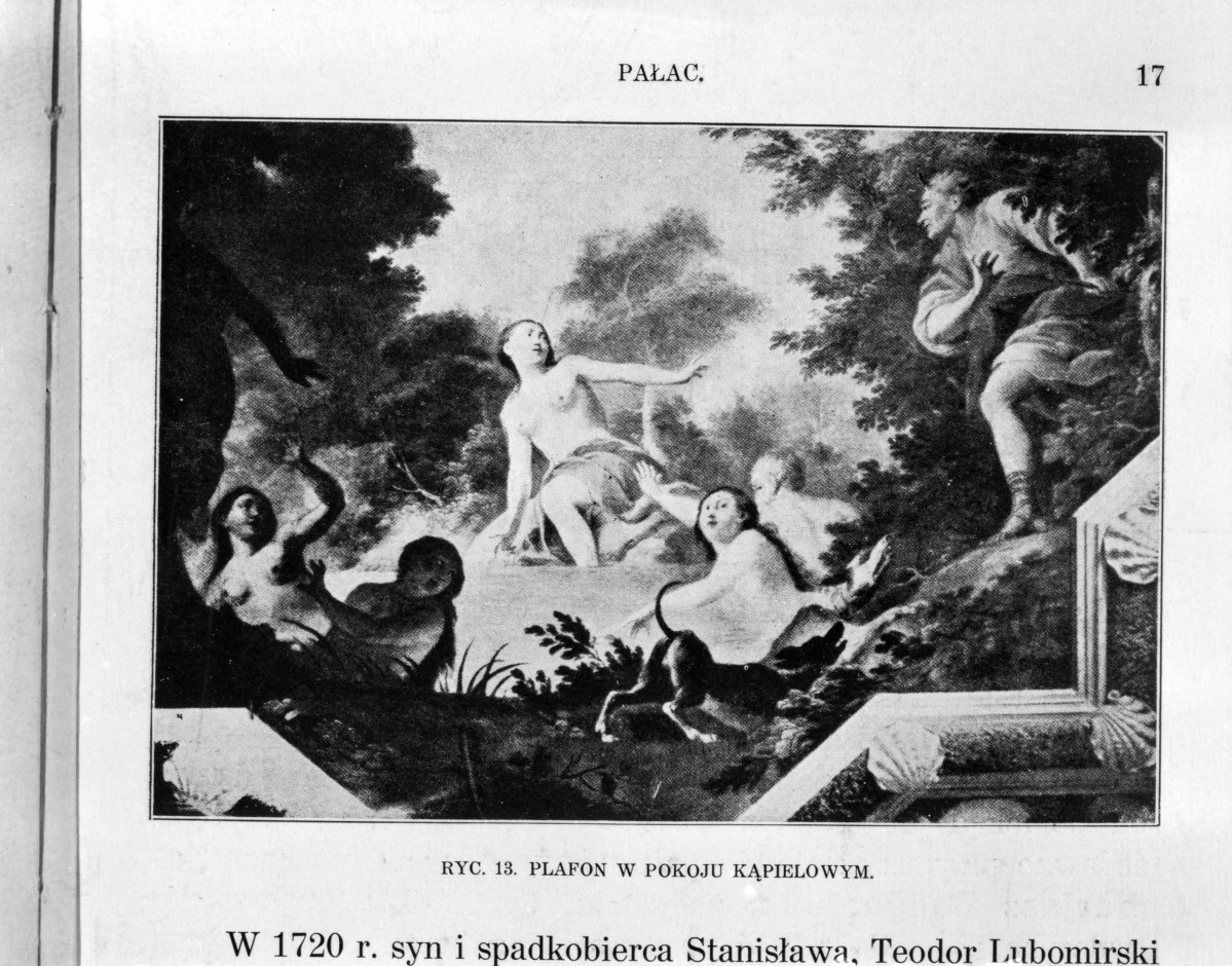 Łazienki Królewskie. Pałac na Wodzie. Pokój kąpielowy. Malowidło plafonowe.
Reprodukcja z W. Tatarkiewicz "Pięć studiów o Łazienkach St. Augusta" 1925., skan 1