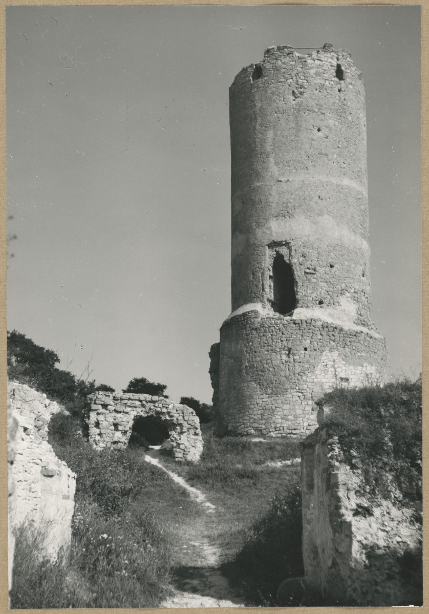 Ruiny zamku - widok na basztę i fragment murów, skan 1