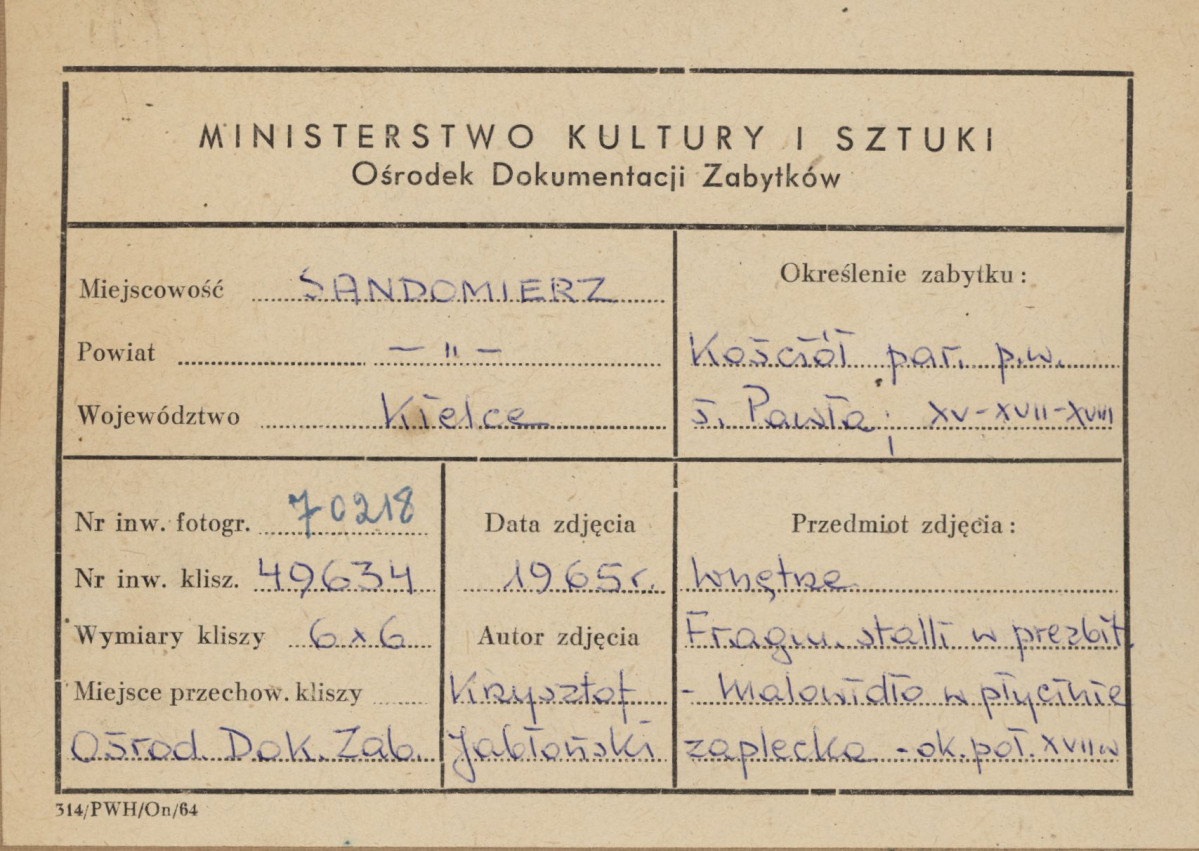 Kościół parafialny pw. św. Pawła - wnętrze, fragment stali, obraz na płycinie zaplecka - metryczka, skan 1