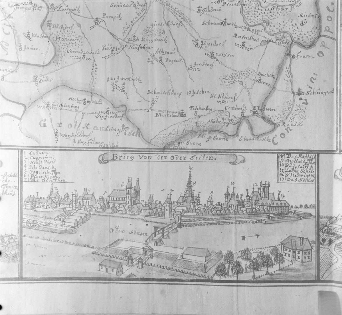 Panorama miasta z rzeką Odra. Rycina z "Topografii Śląska" autorstwa Friedricha Bernharda Wernera. , skan 1