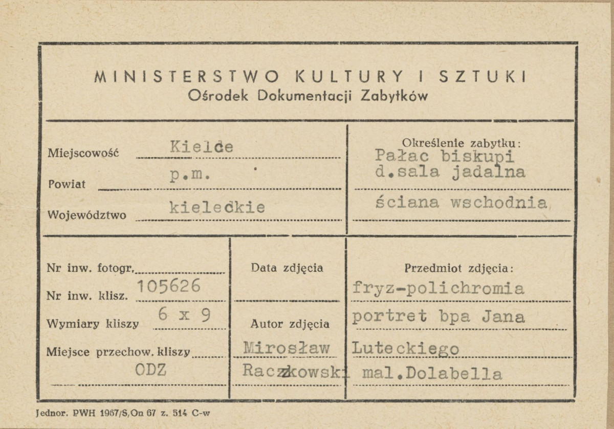 Pałac biskupów - wnętrze, d. sala jadalna, ściana wschodnia, fryz - polichromia, portret bpa Jana Luteckiego, malował Dolabella, - metryczka, skan 1