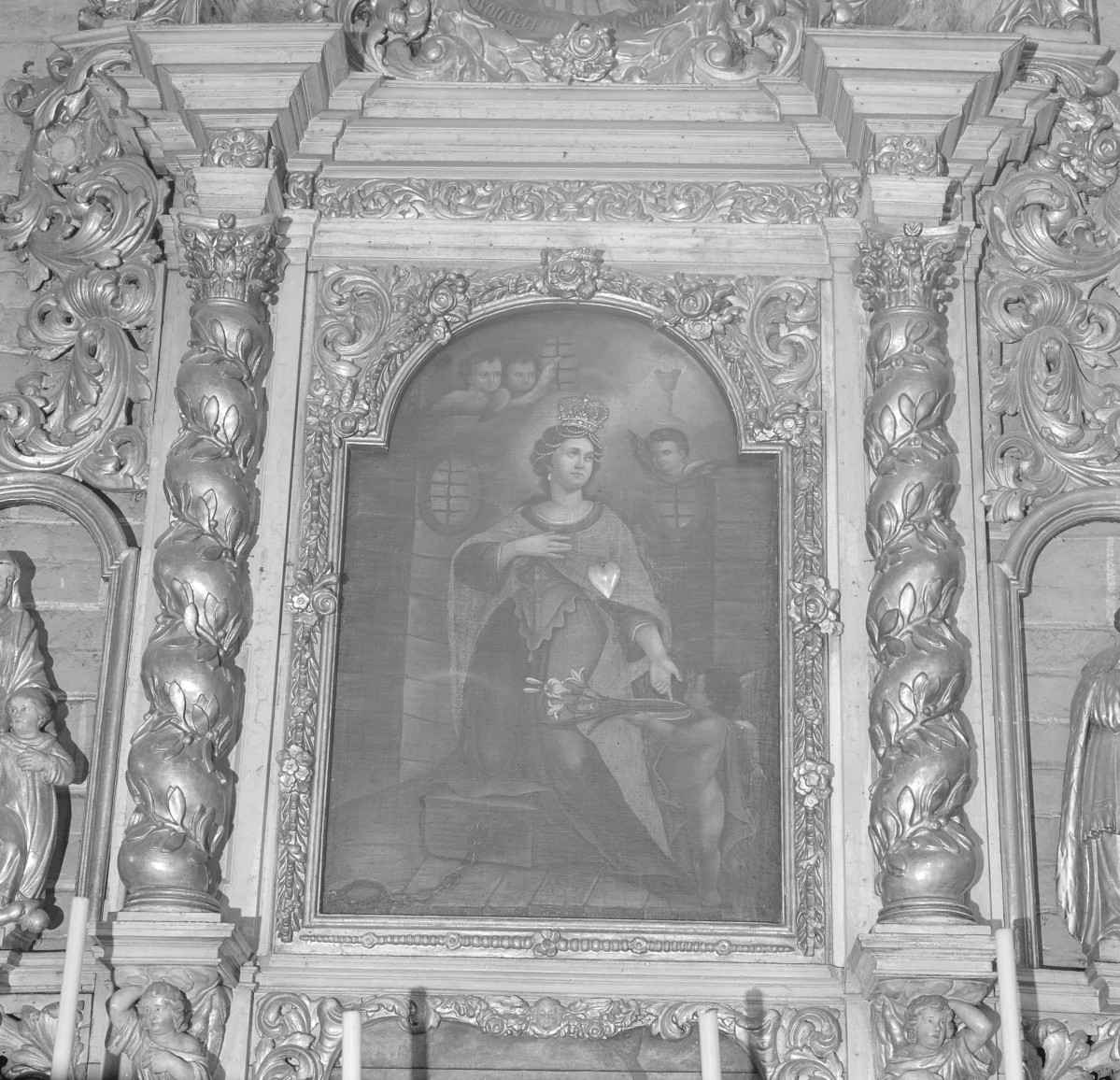 kościół pw. Wniebowzięcia Najświętszej Maryi Panny - wnętrze - nawa boczna - ołtarz boczny św. Barbary - obraz św. Barbary, skan 1