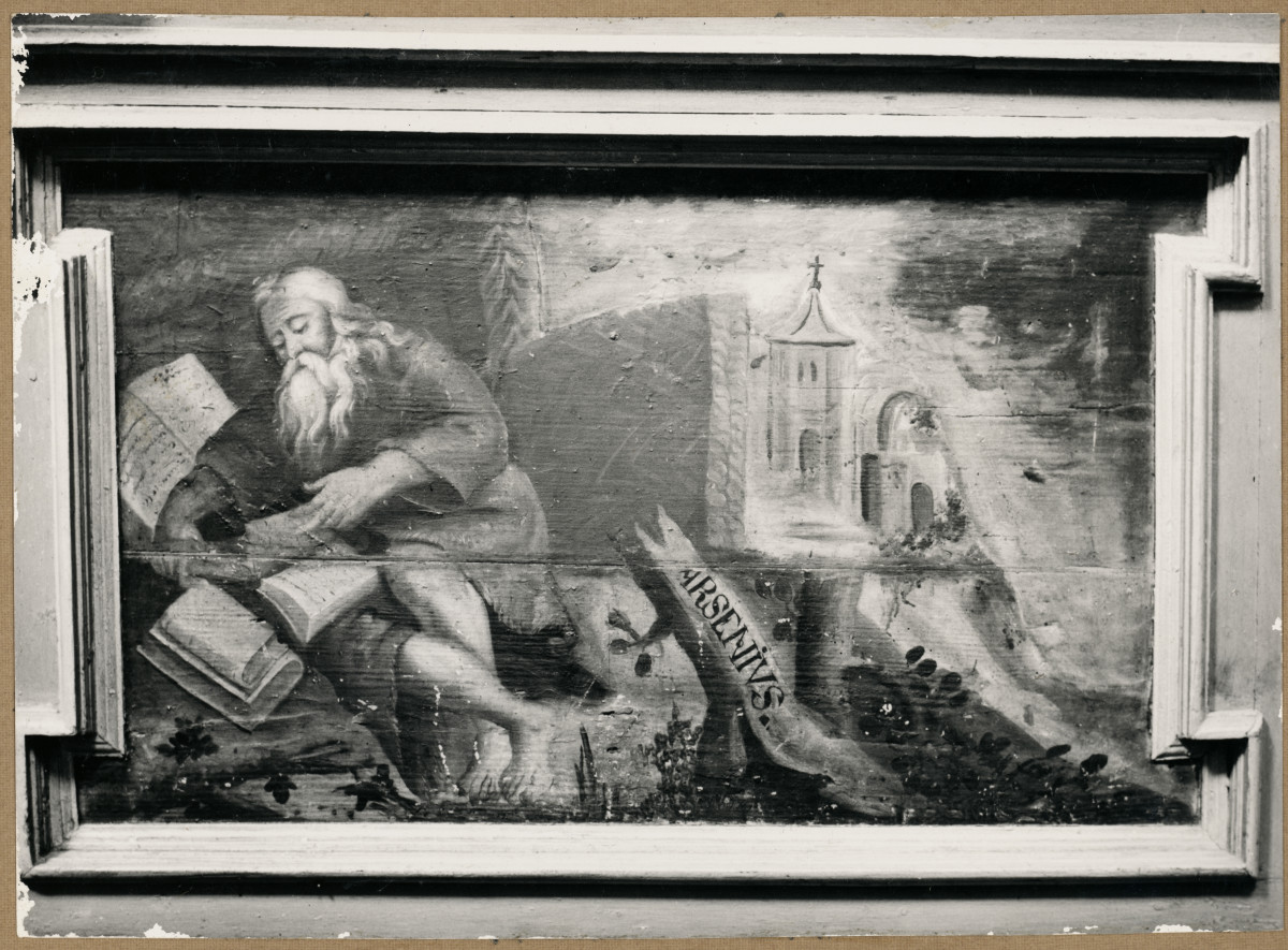 Zespół klasztorny ss. Benedyktynek - kościół, wnętrze, fragment stalli - malowidło na płycinie, skan 1