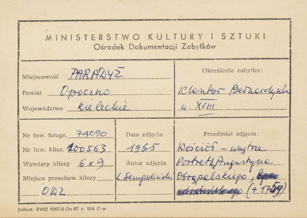 Zespół klasztorny - kościół, wnętrze, portret Augustyna Obrąpalskiego - metryczka
 , skan 1