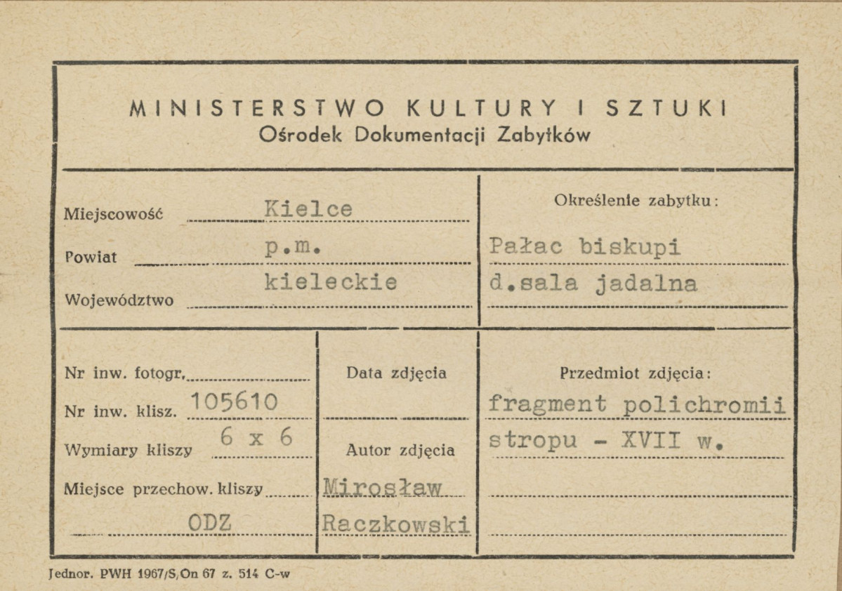 Pałac biskupów - wnętrze, d. sala jadalna, fragment polichromii stropu - metryczka, skan 1